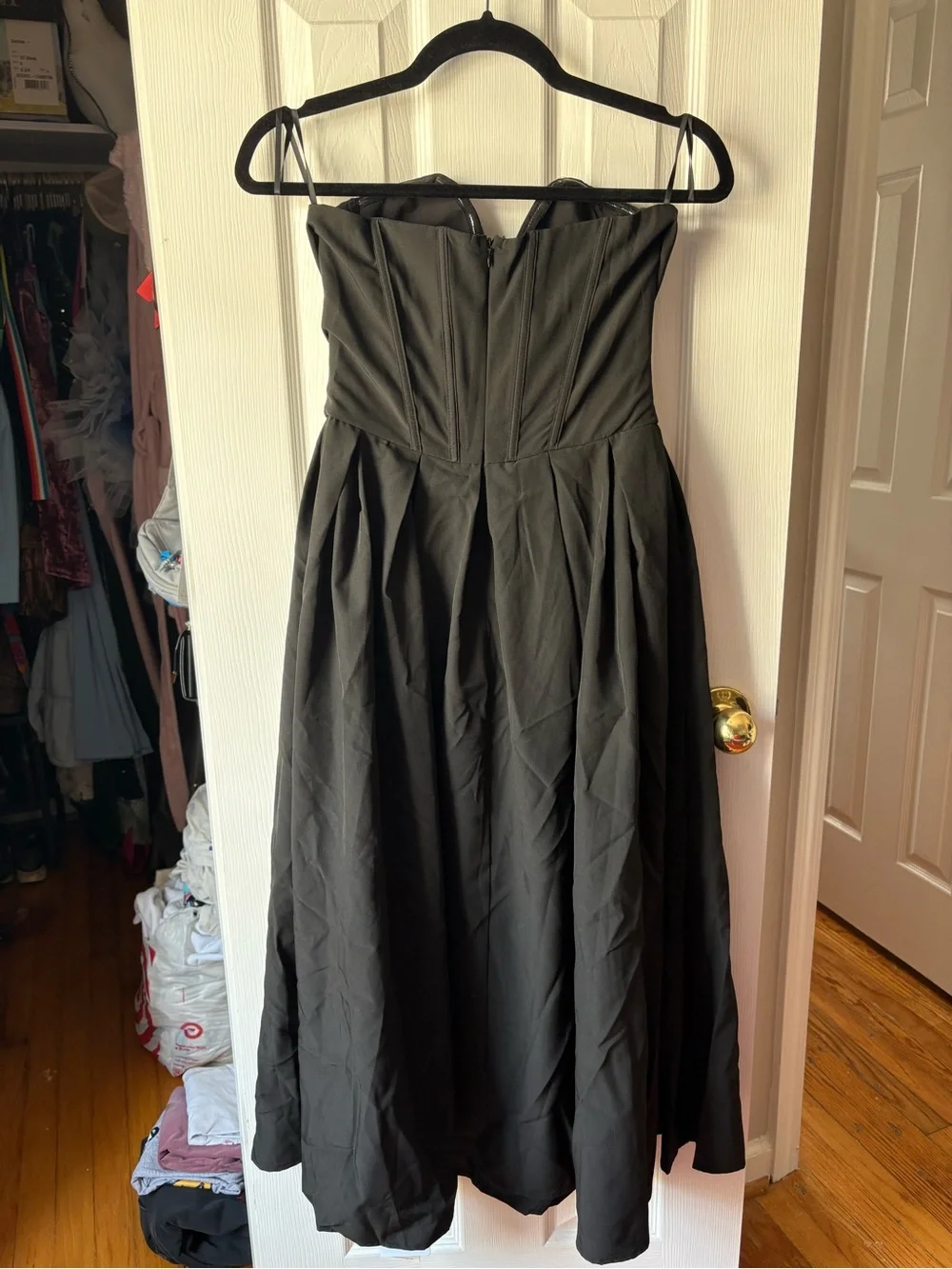Black Strapless pleated A-Line Dress with pockets